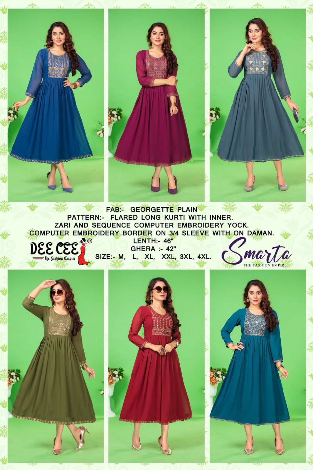 Smarta By Dee Cee Plain Georgette Embroidery Kurtis Wholesale Shop In Surat